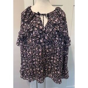 J CREW Womens TOP Long Flared Sleeve BLUE Lavender Peach FLORAL Ruffled Size 2X